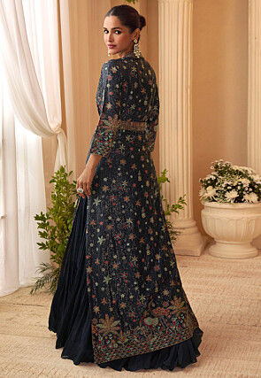 Embroidered Chinon Chiffon Gown in Navy Blue