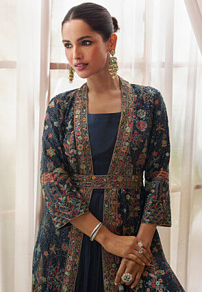 Embroidered Chinon Chiffon Gown in Navy Blue