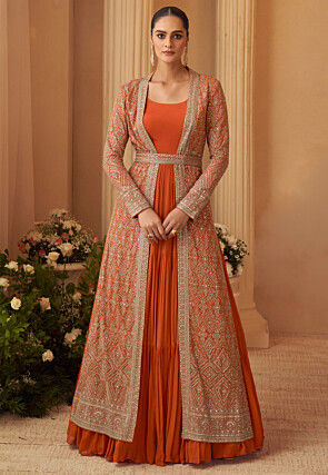 Embroidered Chinon Chiffon Gown in Orange