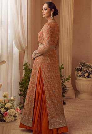 Embroidered Chinon Chiffon Gown in Orange