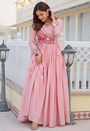 Embroidered  Chinon Chiffon Gown in Pink