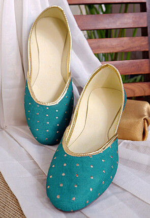 Embroidered Chinon Chiffon Women Jutti in Turquoise