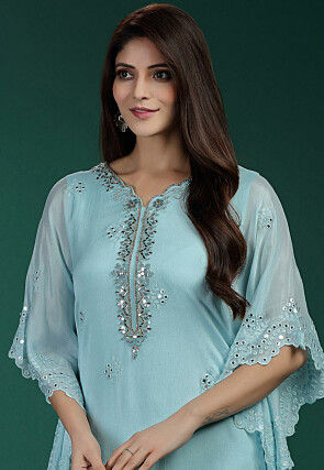 Embroidered Chinon Chiffon Kaftan in Light Blue