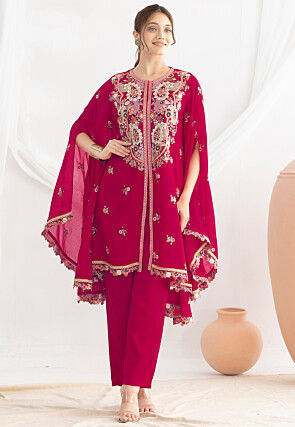 Embroidered Chinon Chiffon Tunic Set in Fuchsia
