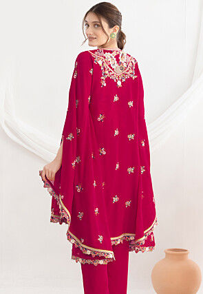 Embroidered Chinon Chiffon Tunic Set in Fuchsia