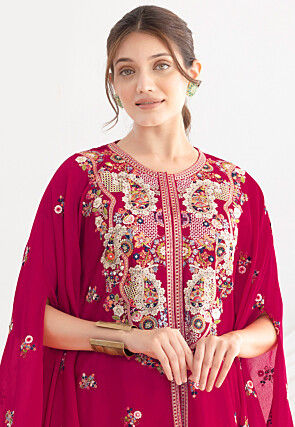 Embroidered Chinon Chiffon Tunic Set in Fuchsia