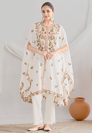 Embroidered Chinon Chiffon Tunic Set in Off White