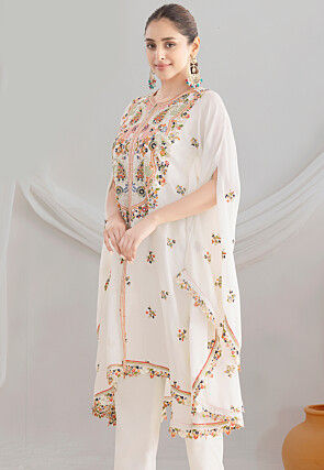 Embroidered Chinon Chiffon Tunic Set in Off White