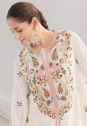 Embroidered Chinon Chiffon Tunic Set in Off White
