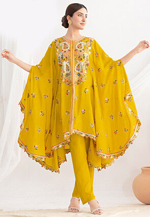 Embroidered Chinon Chiffon Tunic Set in Yellow