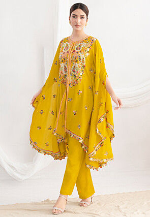 Embroidered Chinon Chiffon Tunic Set in Yellow