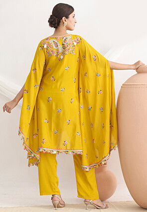 Embroidered Chinon Chiffon Tunic Set in Yellow