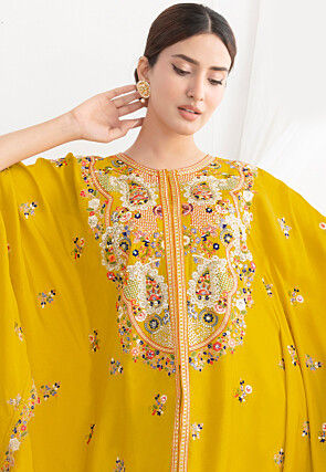 Embroidered Chinon Chiffon Tunic Set in Yellow