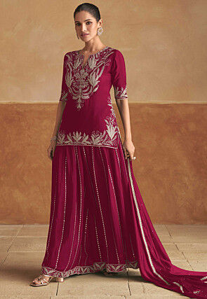 Embroidered Chinon Chiffon Kurti Set in Magenta