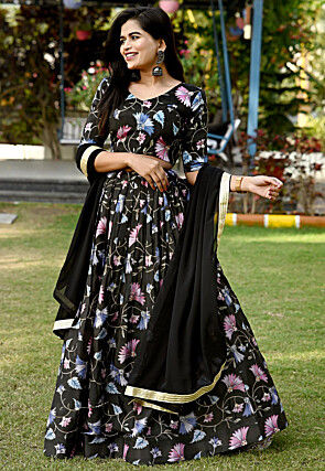 Embroidered Chinon Chiffon Lehenga in Black