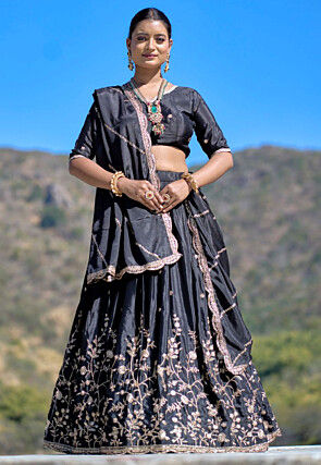 Embroidered Chinon Chiffon Lehenga in Charcoal Black