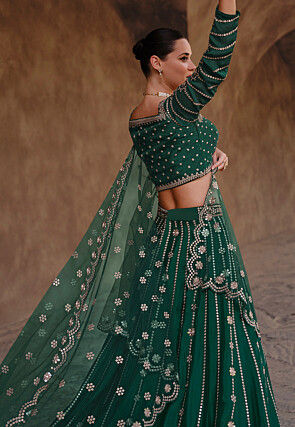 Embroidered Chinon Chiffon Lehenga in Dark Green