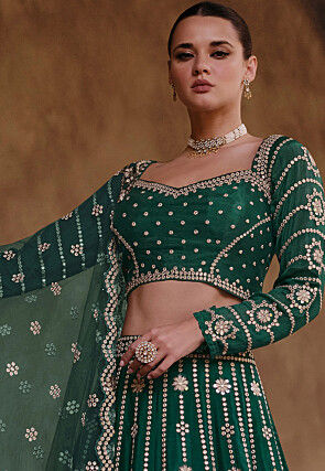 Embroidered Chinon Chiffon Lehenga in Dark Green