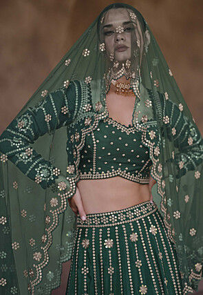 Embroidered Chinon Chiffon Lehenga in Dark Green