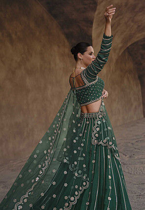 Embroidered Chinon Chiffon Lehenga in Dark Green