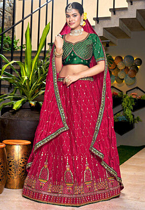 Embroidered Chinon Chiffon Lehenga in Fuchsia