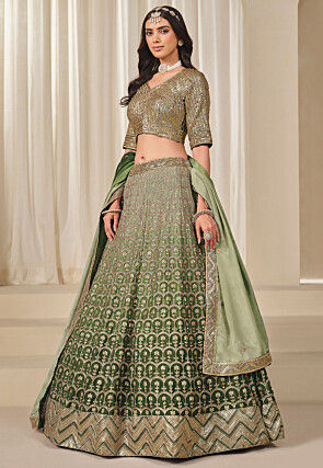 Embroidered Chinon Chiffon Lehenga in Green Ombre