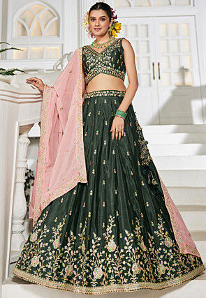 Embroidered Chinon Chiffon Lehenga in Green