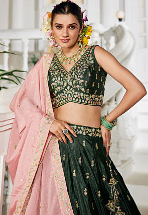 Embroidered Chinon Chiffon Lehenga in Green
