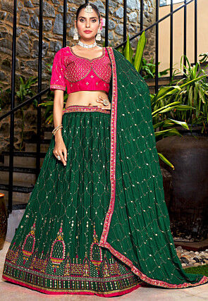 Sea-Green Printed Lehenga with All over Sequins Embroidery Red Choli with  Scalloped Dupatta | Exotic India Art