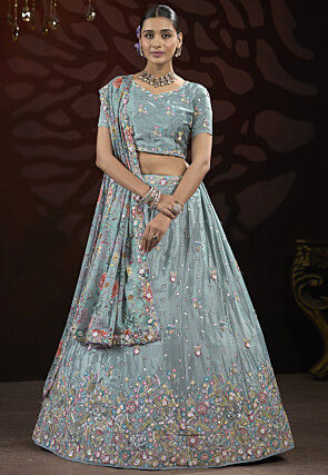 Embroidered Chinon Chiffon Lehenga in Light Blue
