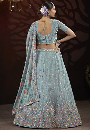 Embroidered Chinon Chiffon Lehenga in Light Blue