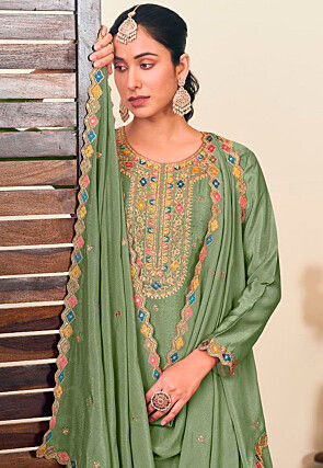 Embroidered Chinon Chiffon Lehenga in Light Green