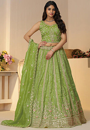 Embroidered Chinon Chiffon Lehenga in Light Green