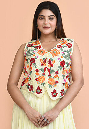 Embroidered Chinon Chiffon Lehenga in Light Yellow