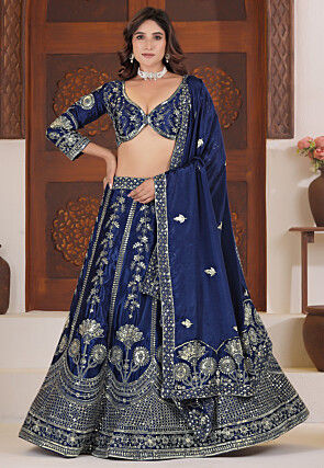 Embroidered Chinon Chiffon Lehenga in Navy Blue
