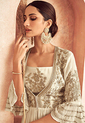 Embroidered Chinon Chiffon  Lehenga in Off White