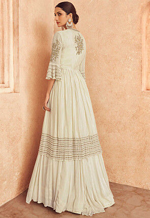Embroidered Chinon Chiffon  Lehenga in Off White