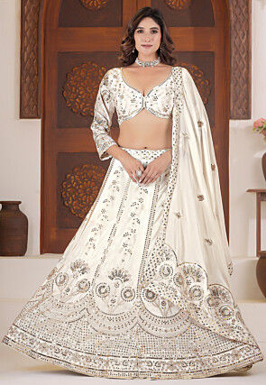 Embroidered Chinon Chiffon Lehenga in Off White