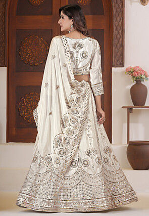 Embroidered Chinon Chiffon Lehenga in Off White