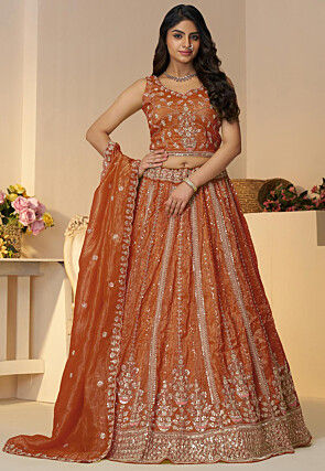 Embroidered Chinon Chiffon Lehenga in Orange