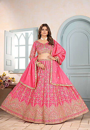 Embroidered Chinon Chiffon Lehenga in Pink
