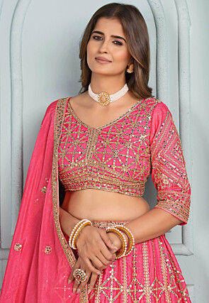 Embroidered Chinon Chiffon Lehenga in Pink