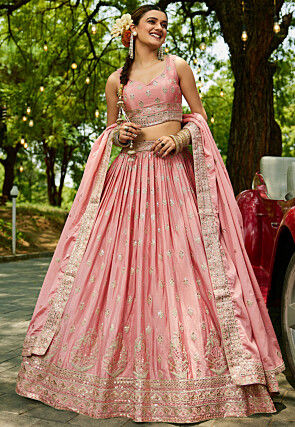 Embroidered Chinon Chiffon Lehenga in Pink