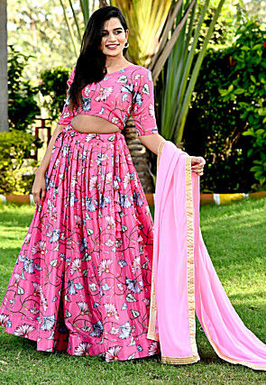 Embroidered Chinon Chiffon Lehenga in Pink
