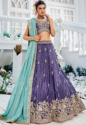 Embroidered Chinon Chiffon Lehenga in Purple