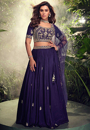 Embroidered Chinon Chiffon Lehenga in Purple