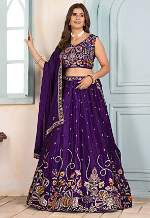 Embroidered Chinon Chiffon Lehenga in Purple