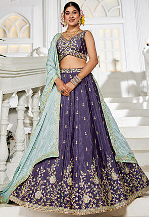 Embroidered Chinon Chiffon Lehenga in Purple