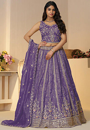 Embroidered Chinon Chiffon Lehenga in Purple