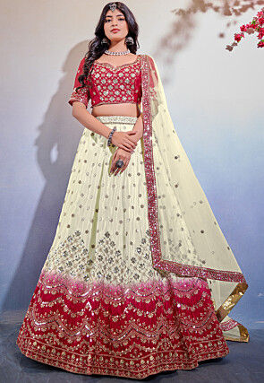 Embroidered Chinon Chiffon Lehenga in Red and Off White
